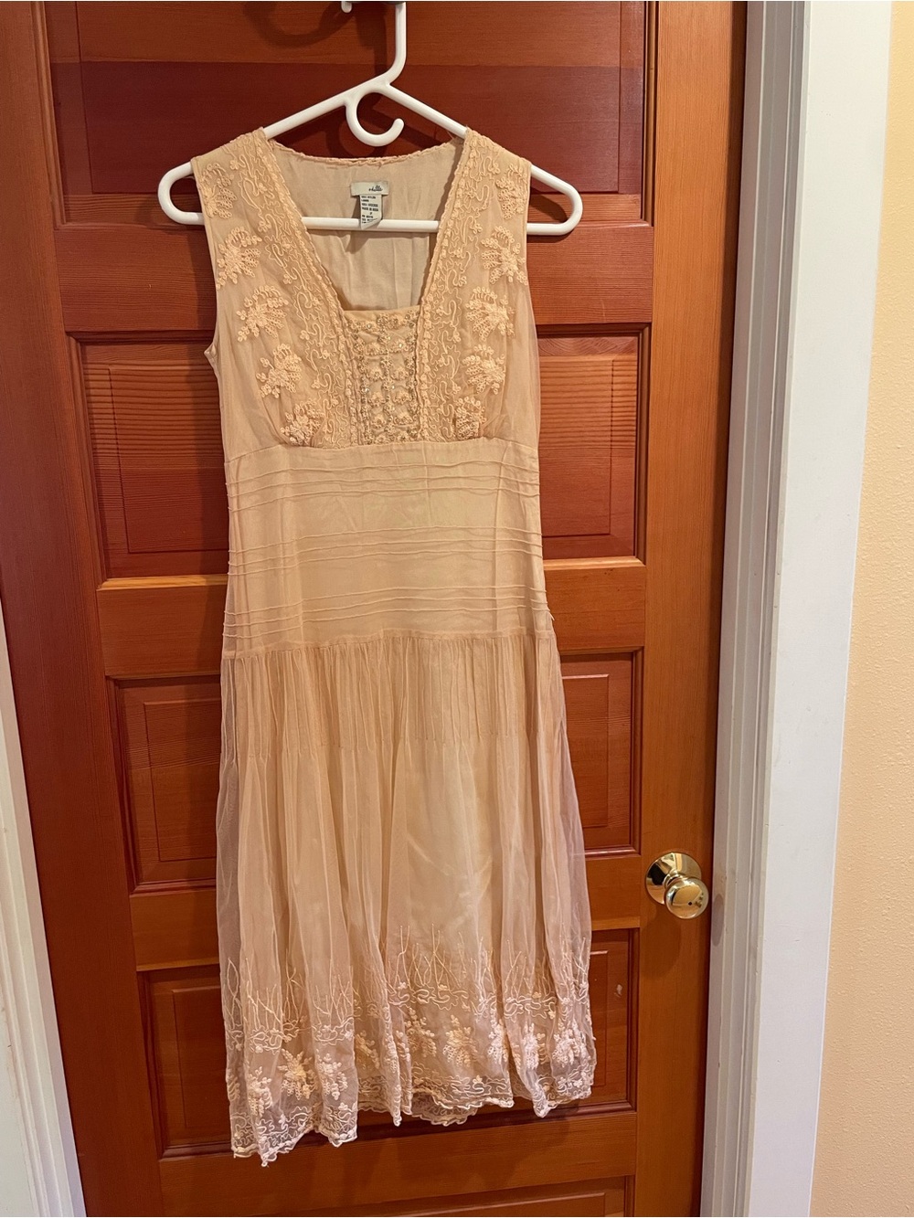 Odille Beige Lace-Embroidered Sleeveless Midi Dress